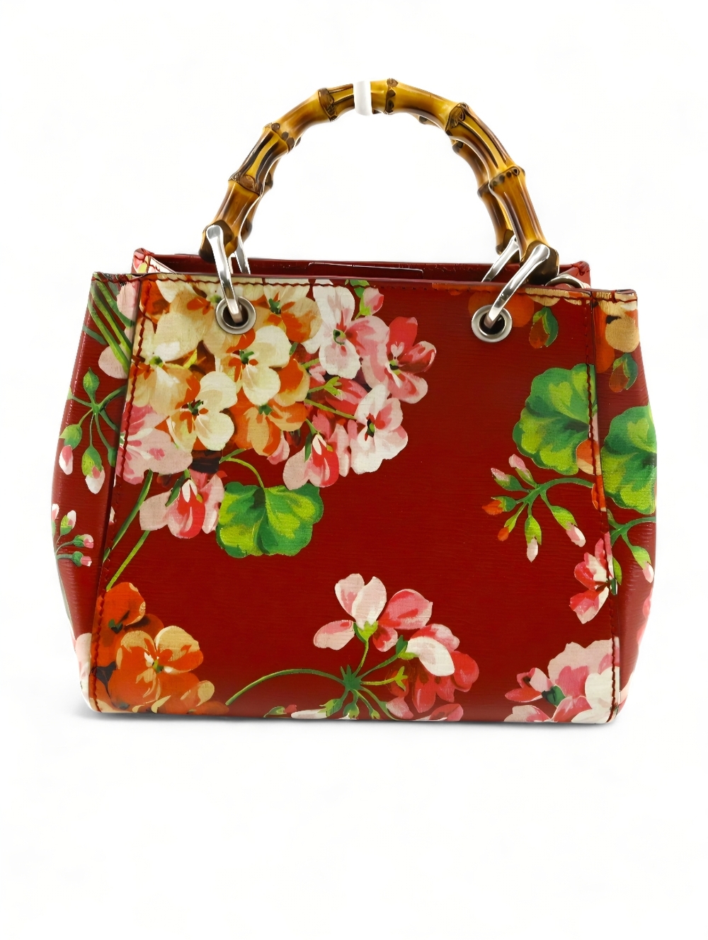 GUCCI Floral Bamboo Top Handle Crossbody Tote Bag Red Leather - Picture 3 of 11